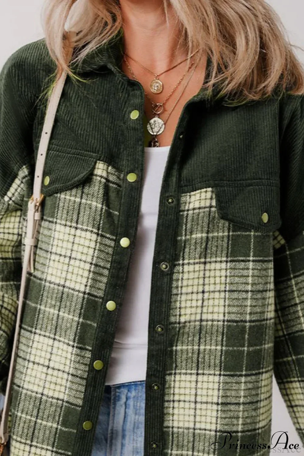 Plaid Color-Block Corduroy Long-Sleeve Jacket - Image 2