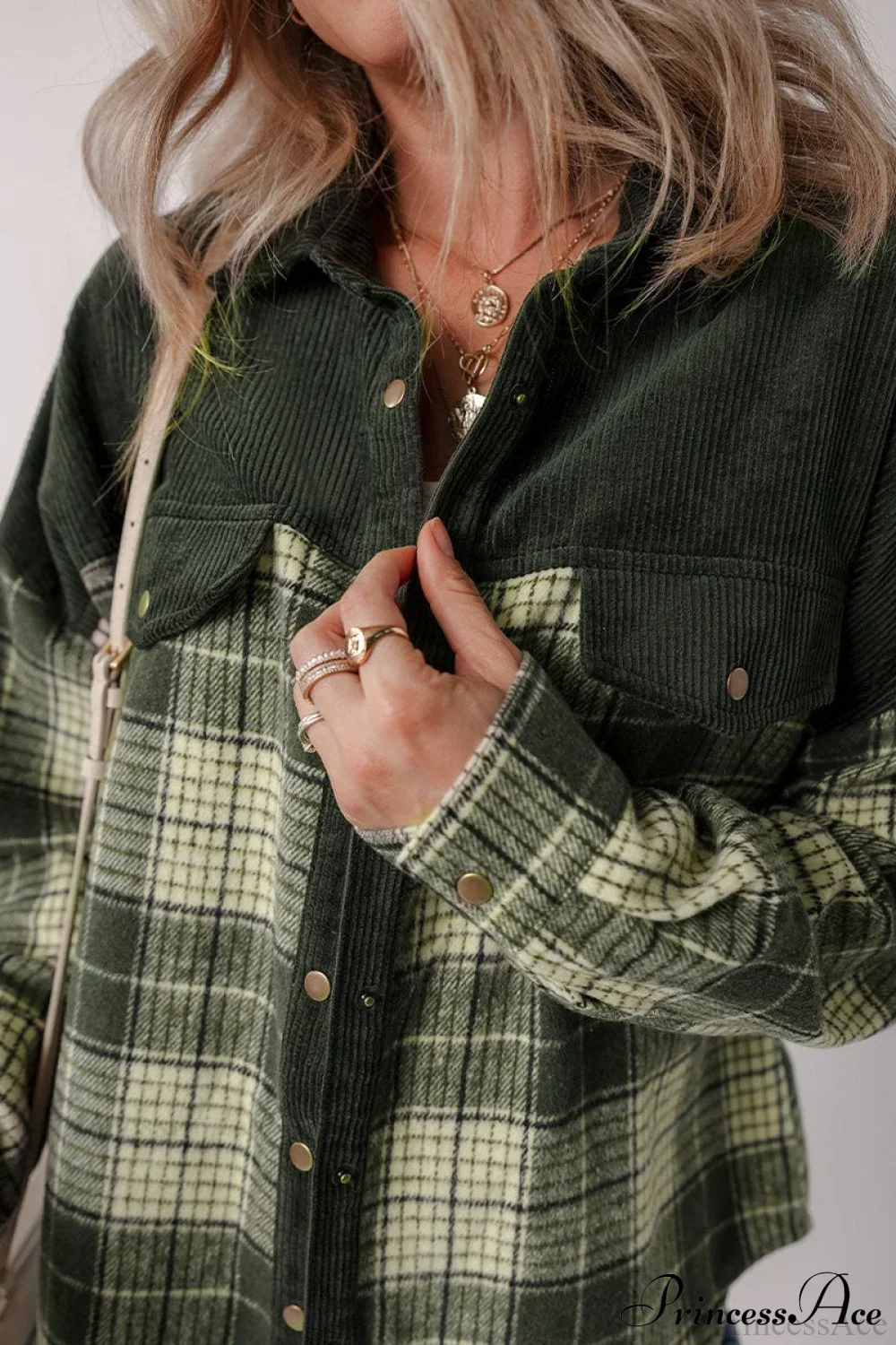Plaid Color-Block Corduroy Long-Sleeve Jacket - Image 3