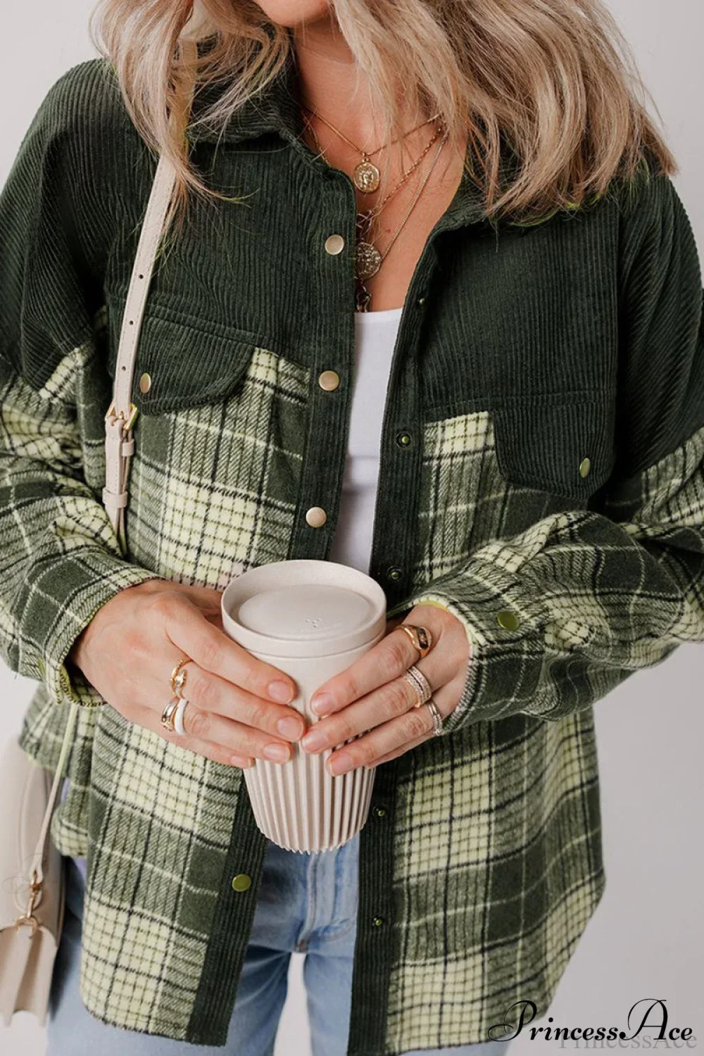 Plaid Color-Block Corduroy Long-Sleeve Jacket - Image 4