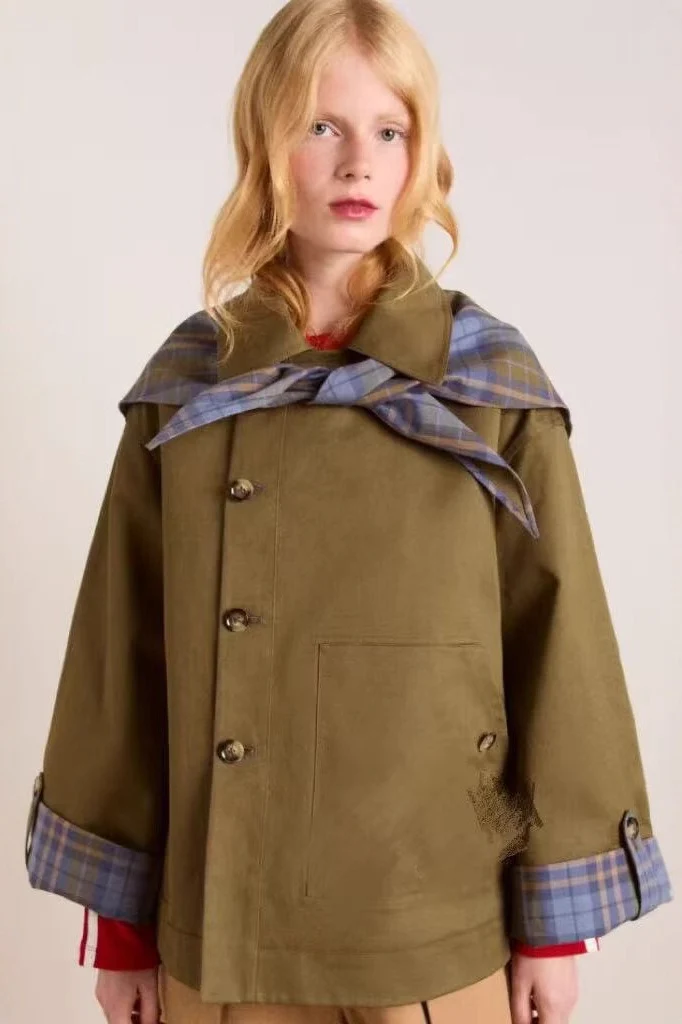 Plaid Color Block Mori Girl Loose Slant Front Jacket - Image 2
