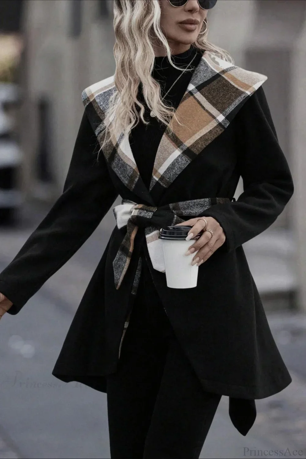 Plaid Color Block Tie Waist Wool Blend Coat - Image 2