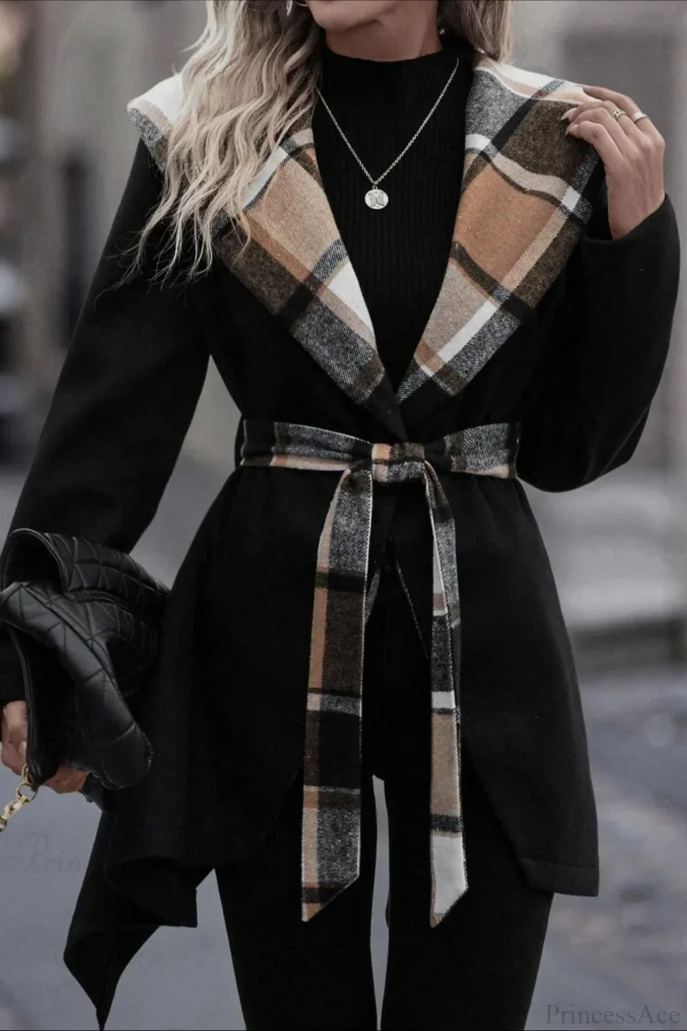 Plaid Color Block Tie Waist Wool Blend Coat - Image 3