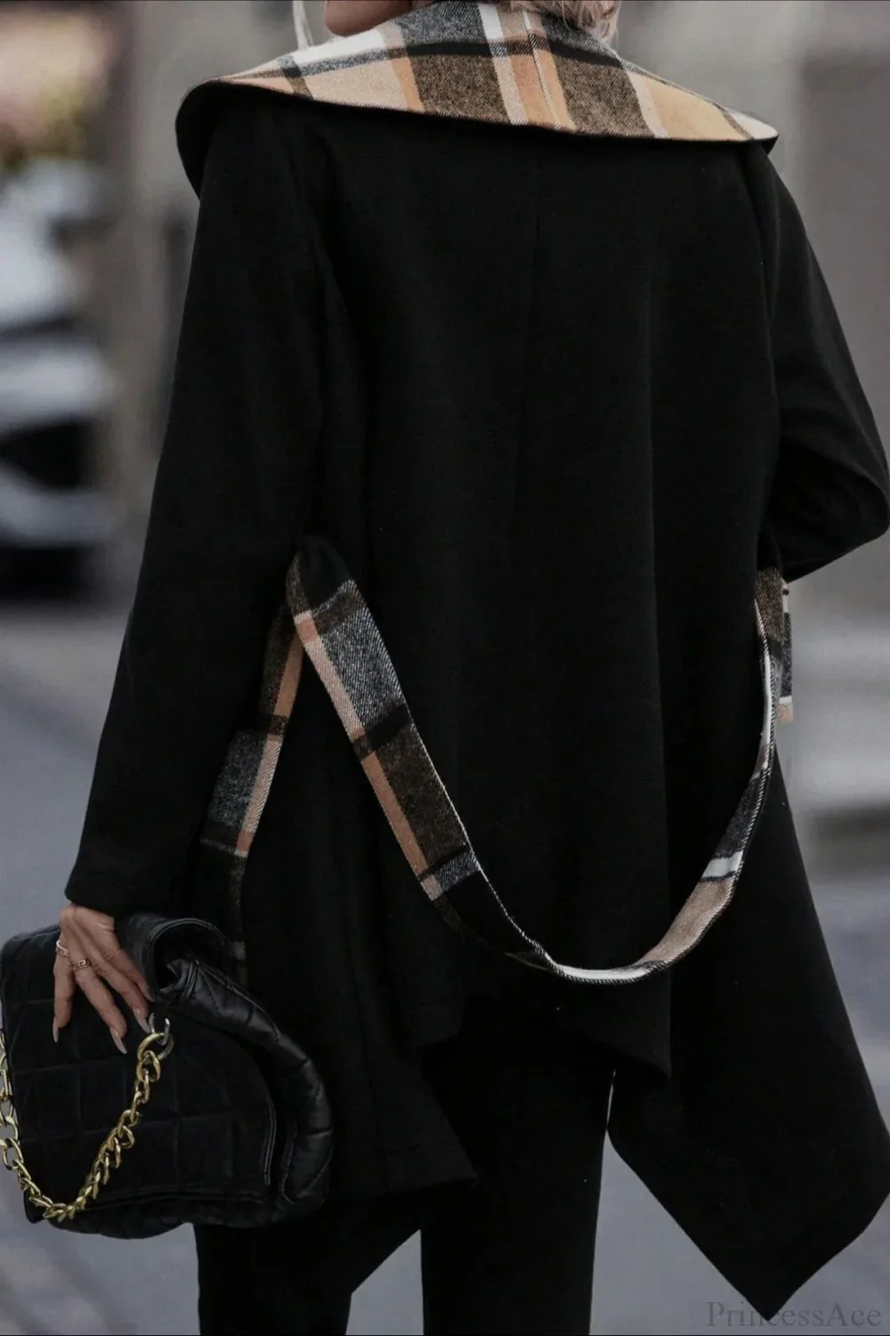 Plaid Color Block Tie Waist Wool Blend Coat - Image 4