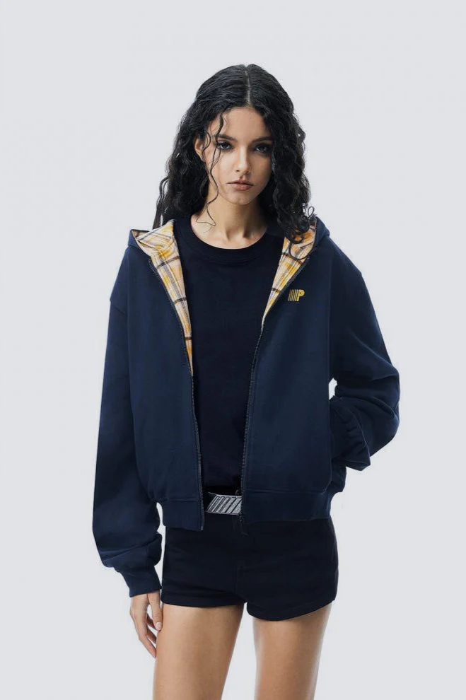 Plaid Color Block Zip Loose Hoodie - Image 2