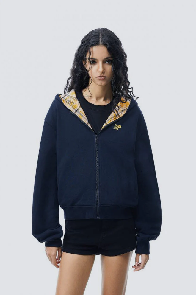 Plaid Color Block Zip Loose Hoodie - Image 3