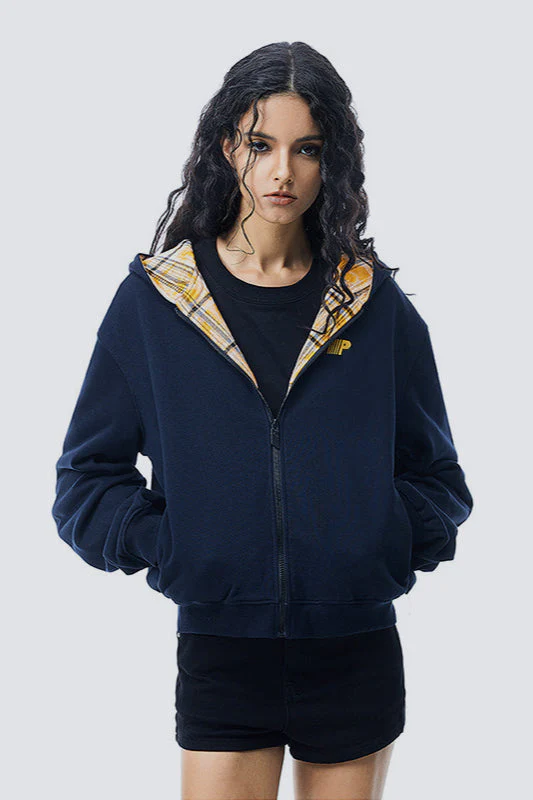Plaid Color Block Zip Loose Hoodie - Image 4