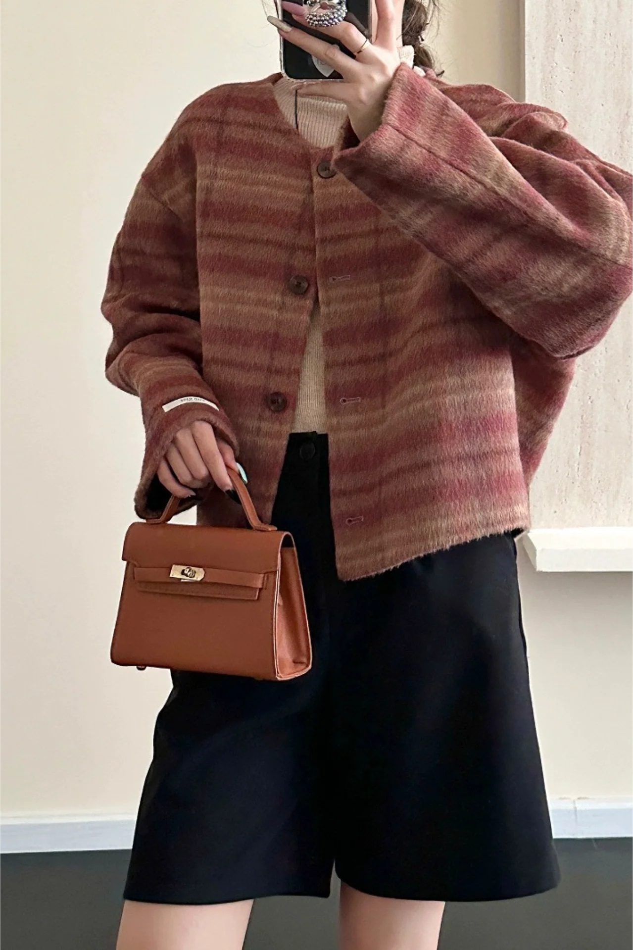 Plaid Crew Neck Single Breasted Drop Shoulder Wool Jacket - Image 2