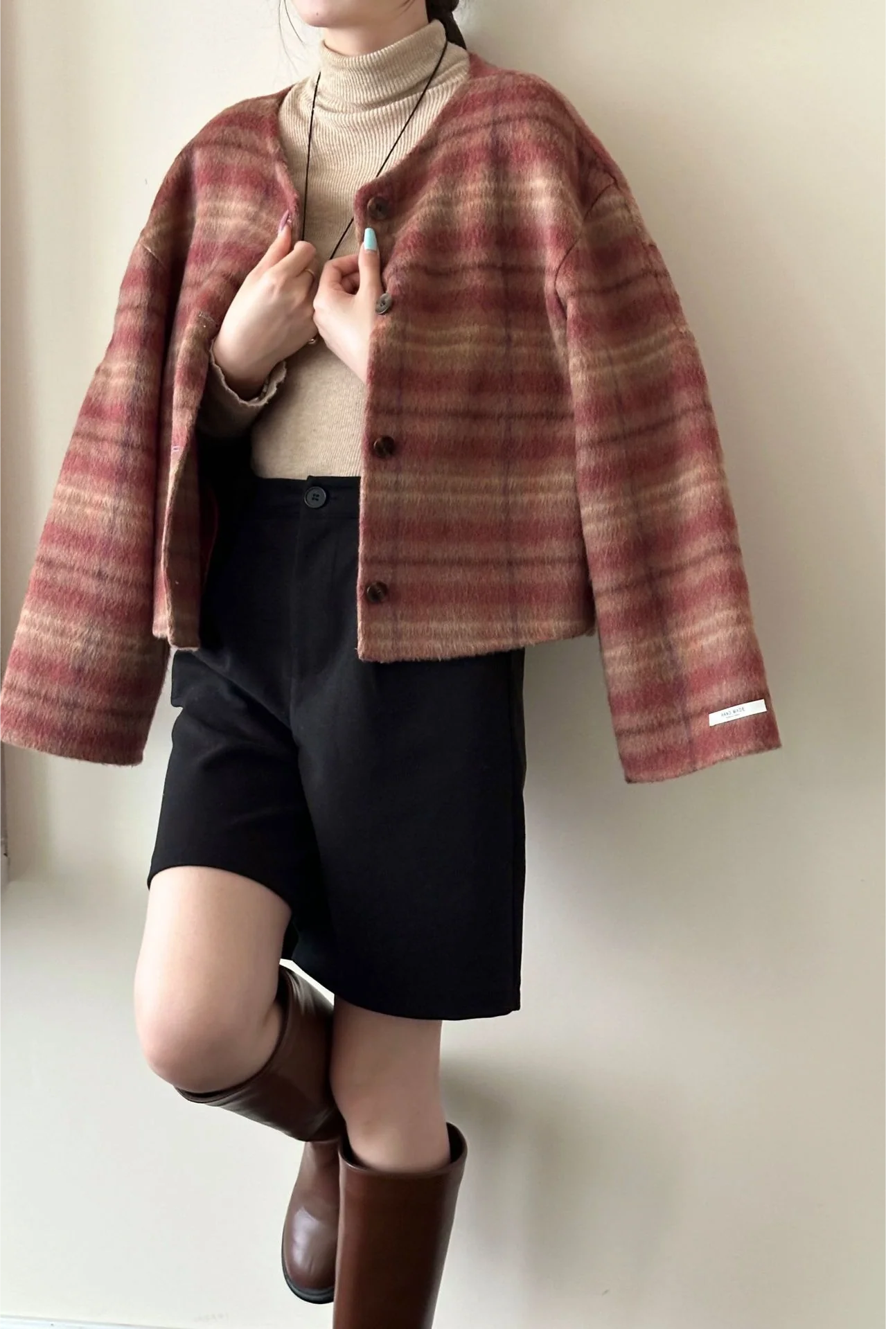 Plaid Crew Neck Single Breasted Drop Shoulder Wool Jacket - Image 4