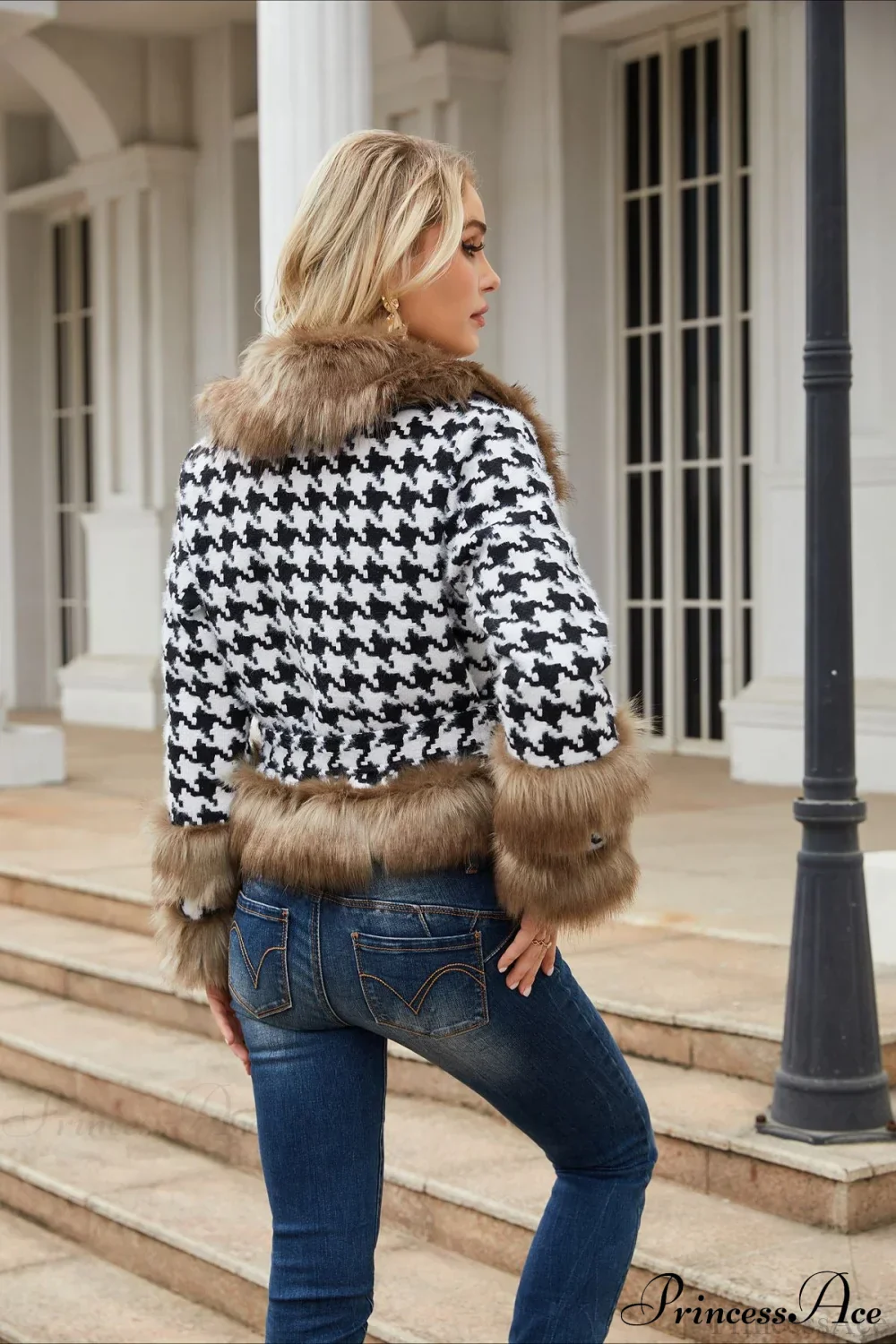 Plaid Detachable Fur Collar Short Coat - Image 4