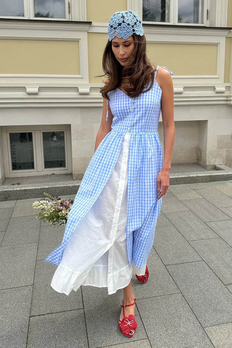 Plaid Fake Two-Piece Single Breasted Spaghetti Strap Midi Dress - Image 4