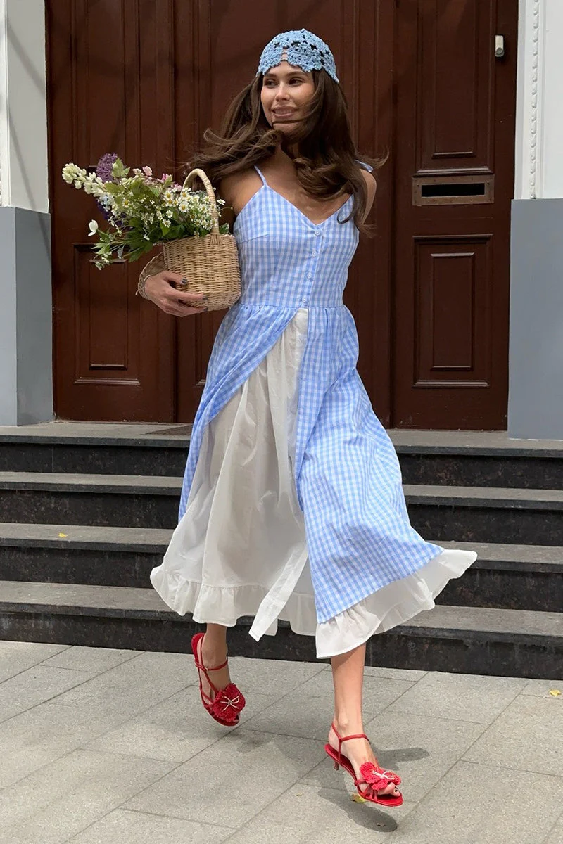 Plaid Fake Two-Piece Single Breasted Spaghetti Strap Midi Dress - Image 5