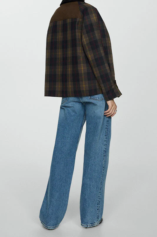 Plaid Faux Fur Collar Zip Decorative Button Coat - Image 3