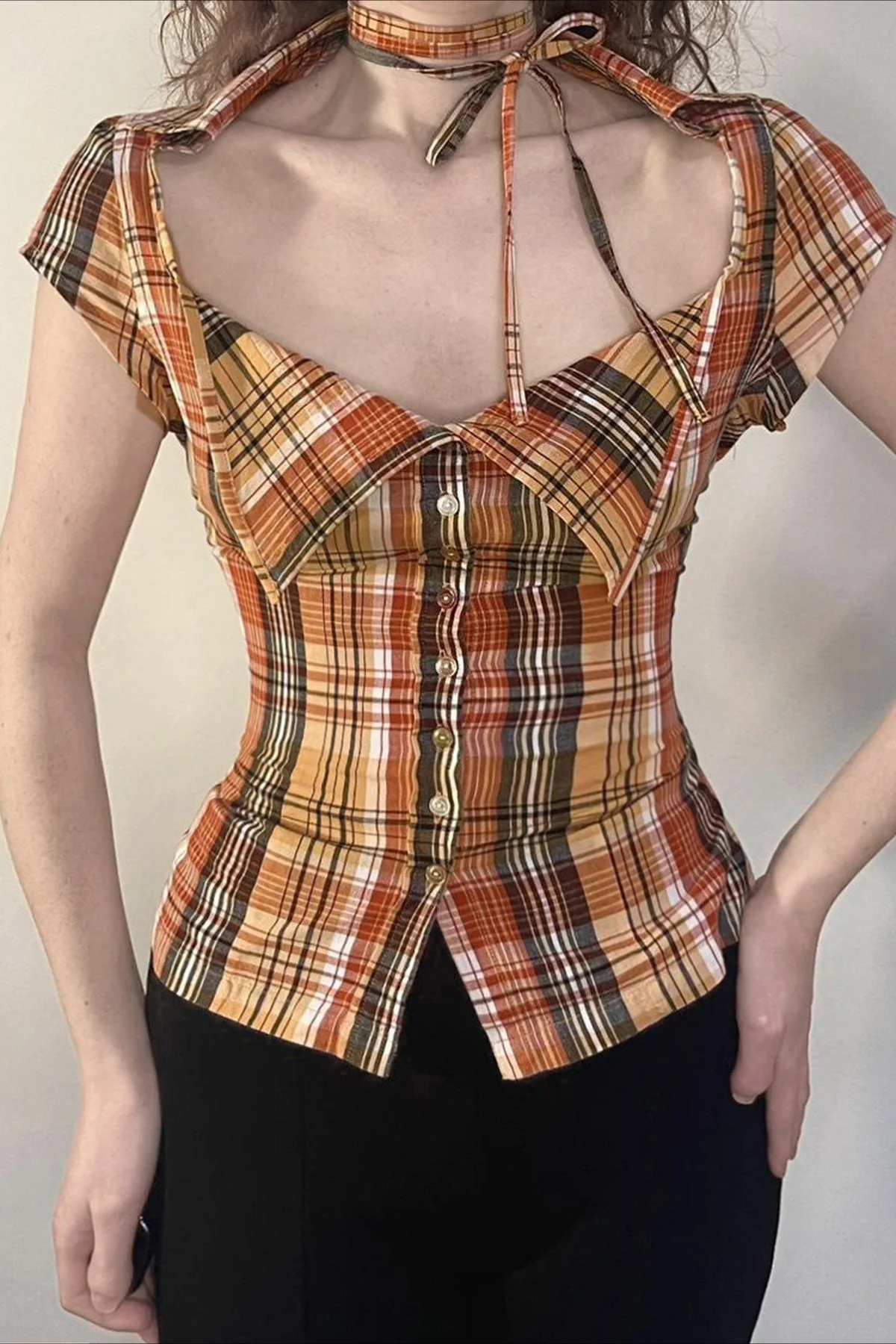 Plaid Fitted Waist Tie Neck Short Button Front Blouse - Image 2