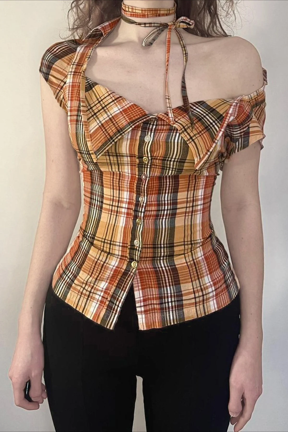 Plaid Fitted Waist Tie Neck Short Button Front Blouse - Image 3
