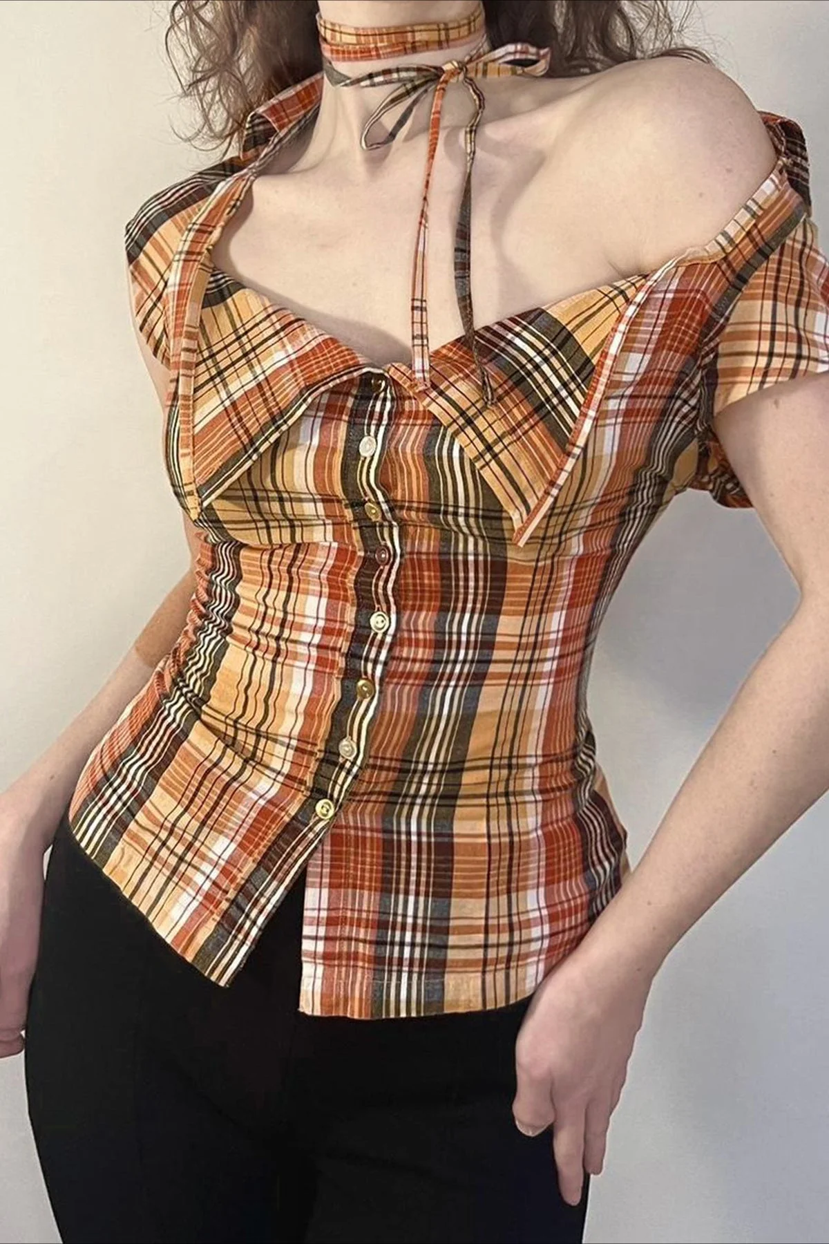 Plaid Fitted Waist Tie Neck Short Button Front Blouse - Image 4