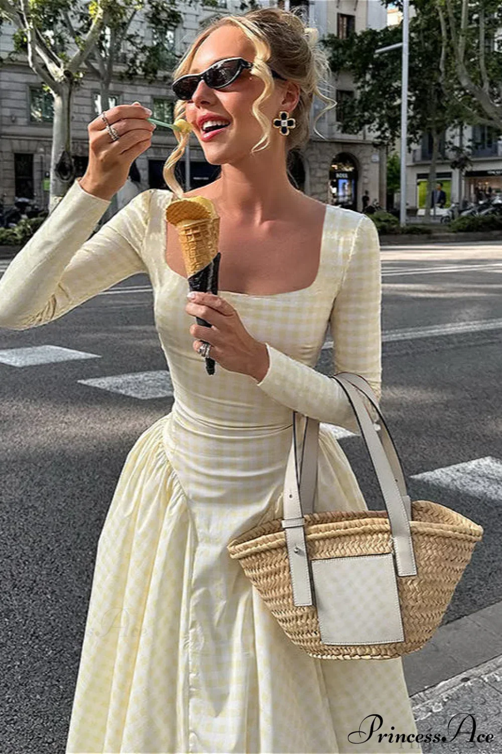 Plaid Flare Sleeve Waist Fitted Square Neck Maxi Dress - Image 2