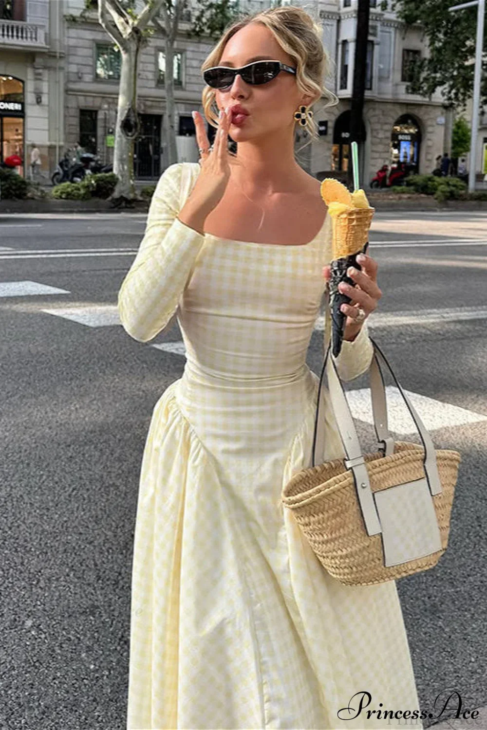 Plaid Flare Sleeve Waist Fitted Square Neck Maxi Dress - Image 3