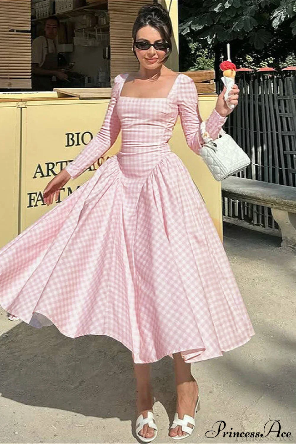 Plaid Flare Sleeve Waist Fitted Square Neck Maxi Dress - Image 5