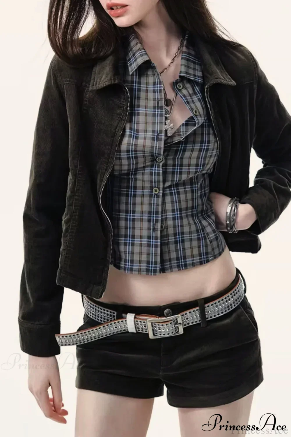 Plaid Long-Sleeve Back Bow-Tie Waist-Slim Blouse - Image 3