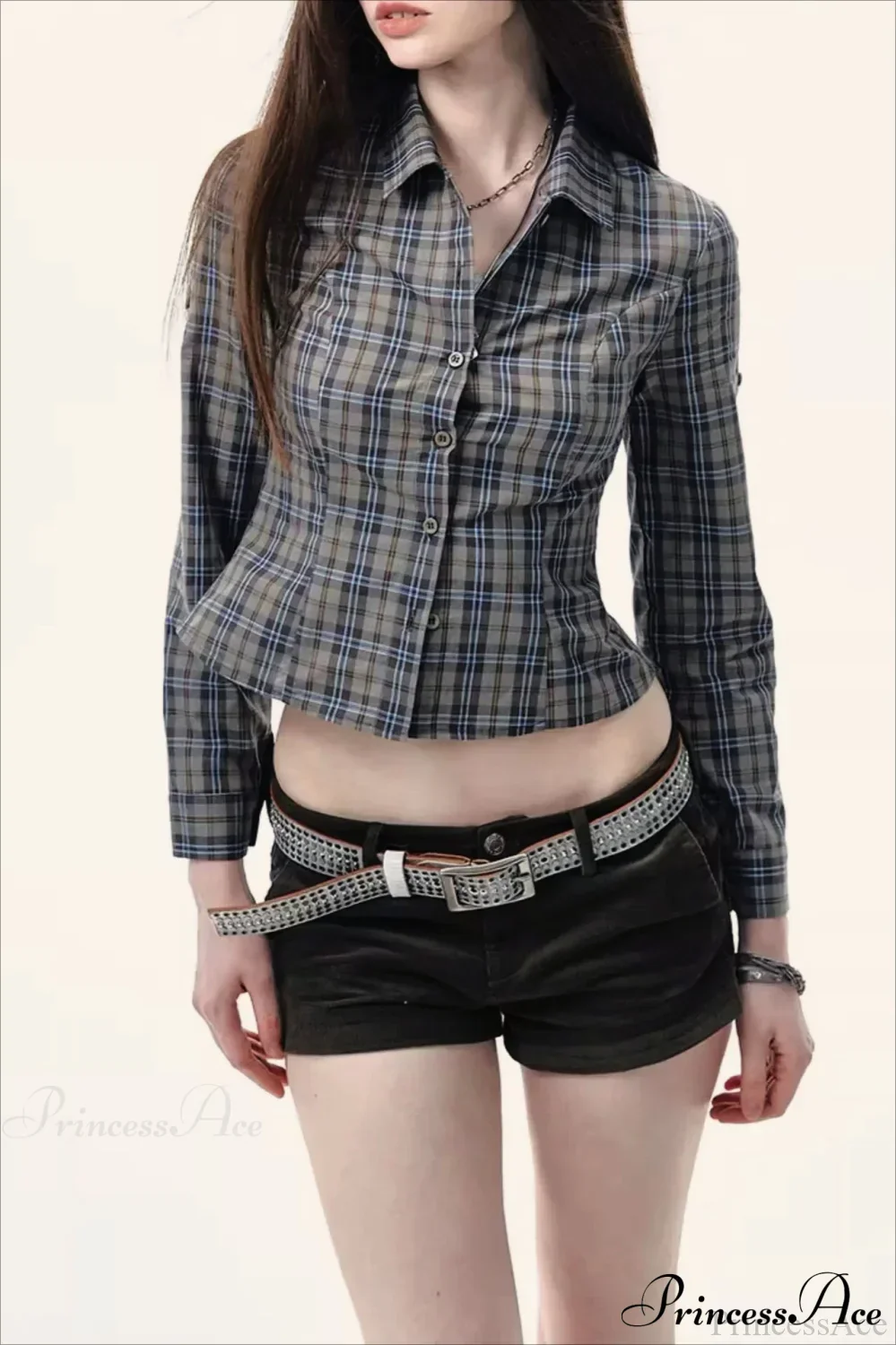 Plaid Long-Sleeve Back Bow-Tie Waist-Slim Blouse - Image 5