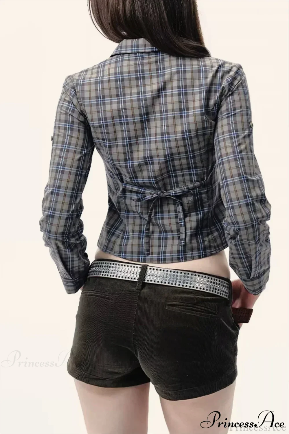 Plaid Long-Sleeve Back Bow-Tie Waist-Slim Blouse - Image 6