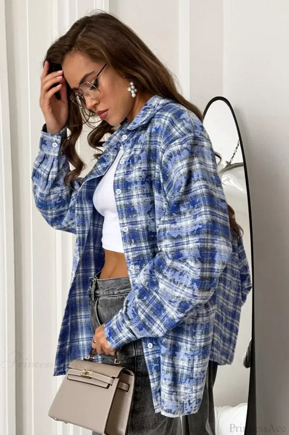 Plaid Long Sleeve Loose Casual Blouse - Image 6