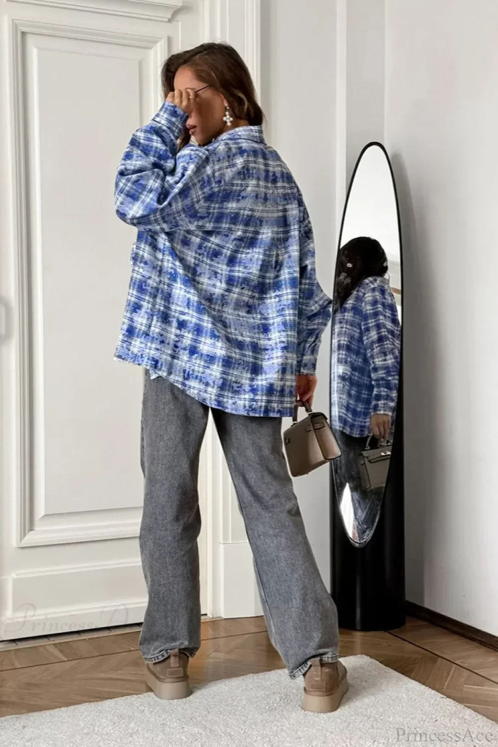Plaid Long Sleeve Loose Casual Blouse - Image 7