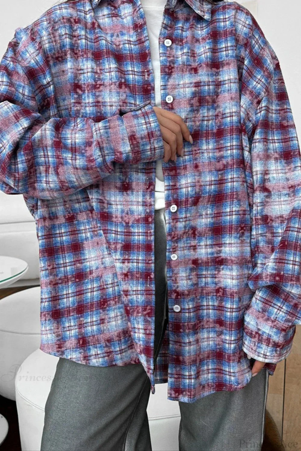Plaid Long Sleeve Loose Casual Blouse - Image 8
