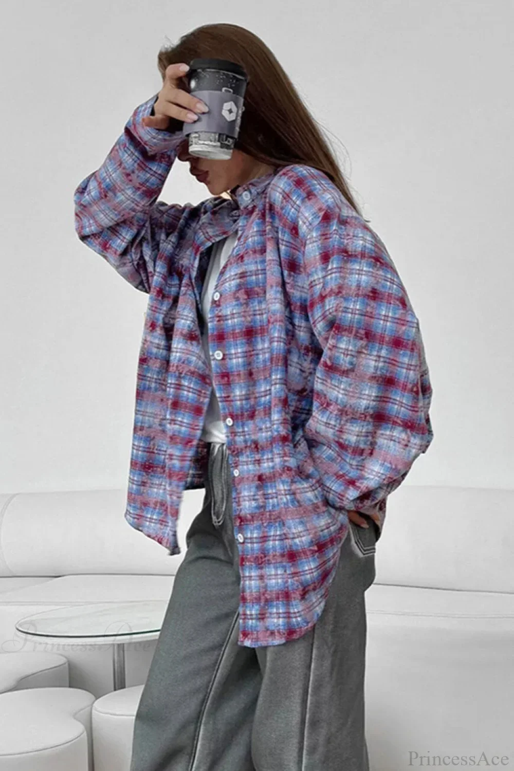 Plaid Long Sleeve Loose Casual Blouse - Image 9
