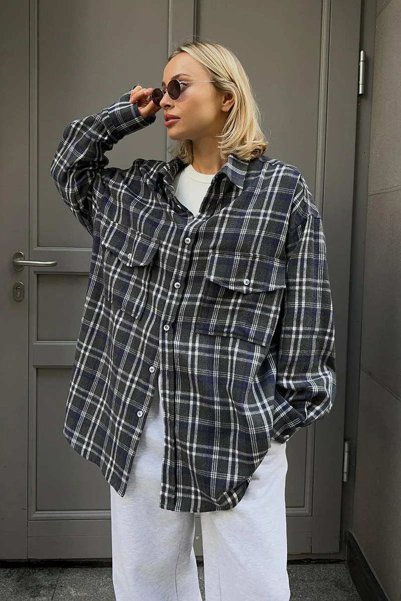 Plaid Mid Length Double Pocket Shirt Blouse - Image 2