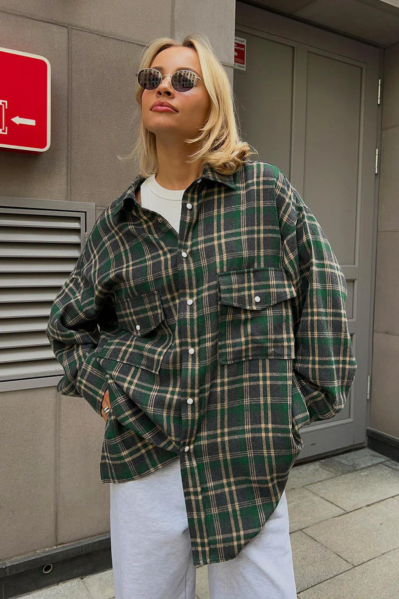 Plaid Mid Length Double Pocket Shirt Blouse - Image 4