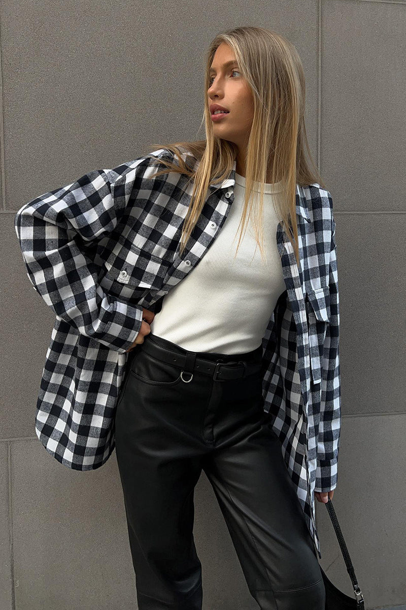 Plaid Mid Length Double Pocket Shirt Blouse - Image 7