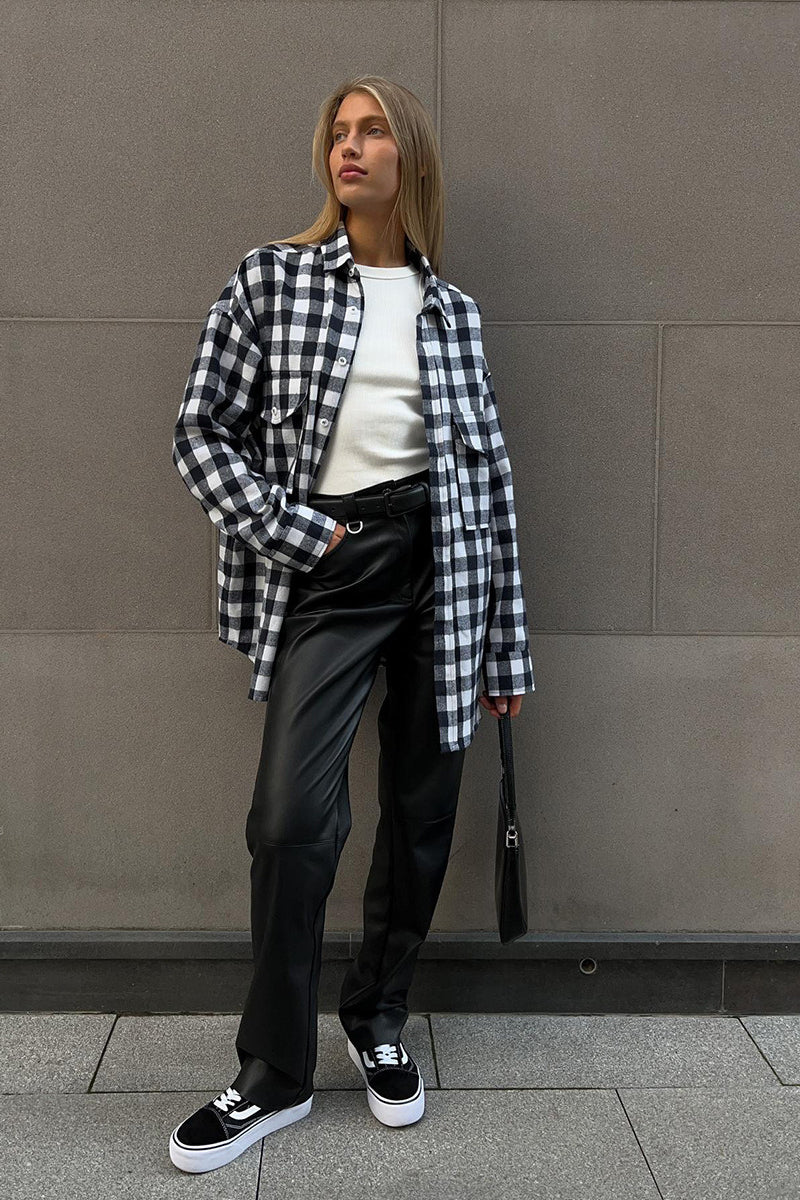 Plaid Mid Length Double Pocket Shirt Blouse - Image 8