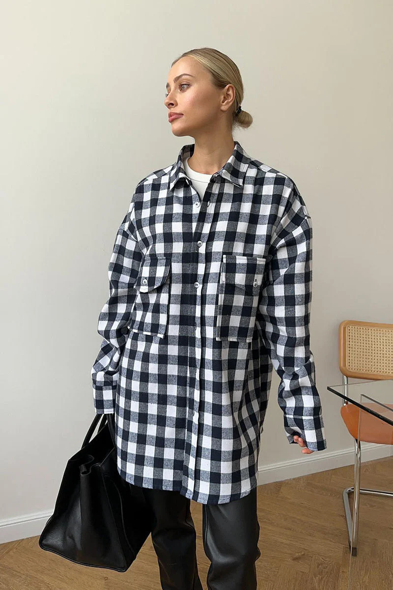Plaid Mid Length Double Pocket Shirt Blouse - Image 9