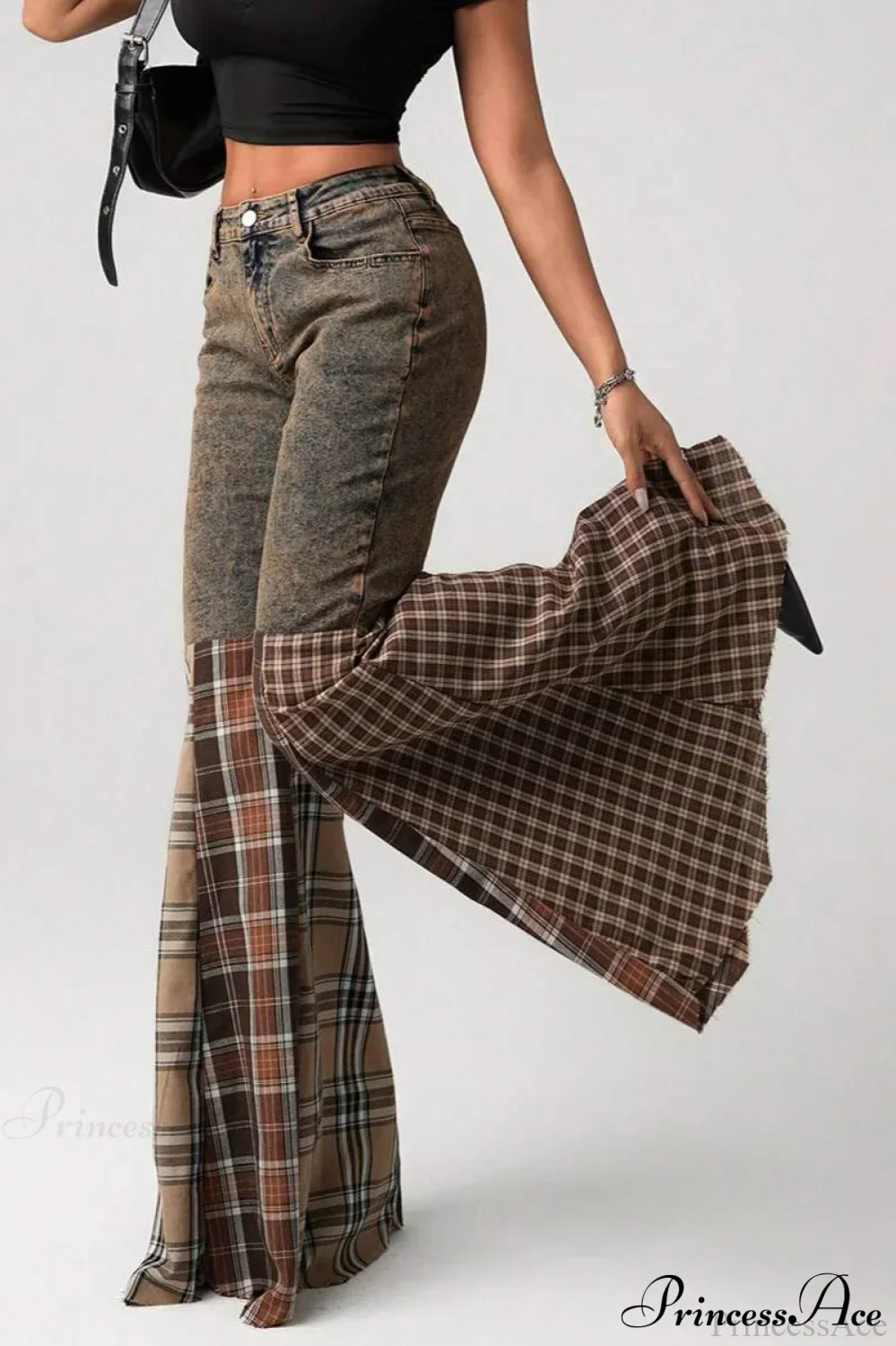 Plaid Patchwork Flared Denim High Waist Jeans - Image 2
