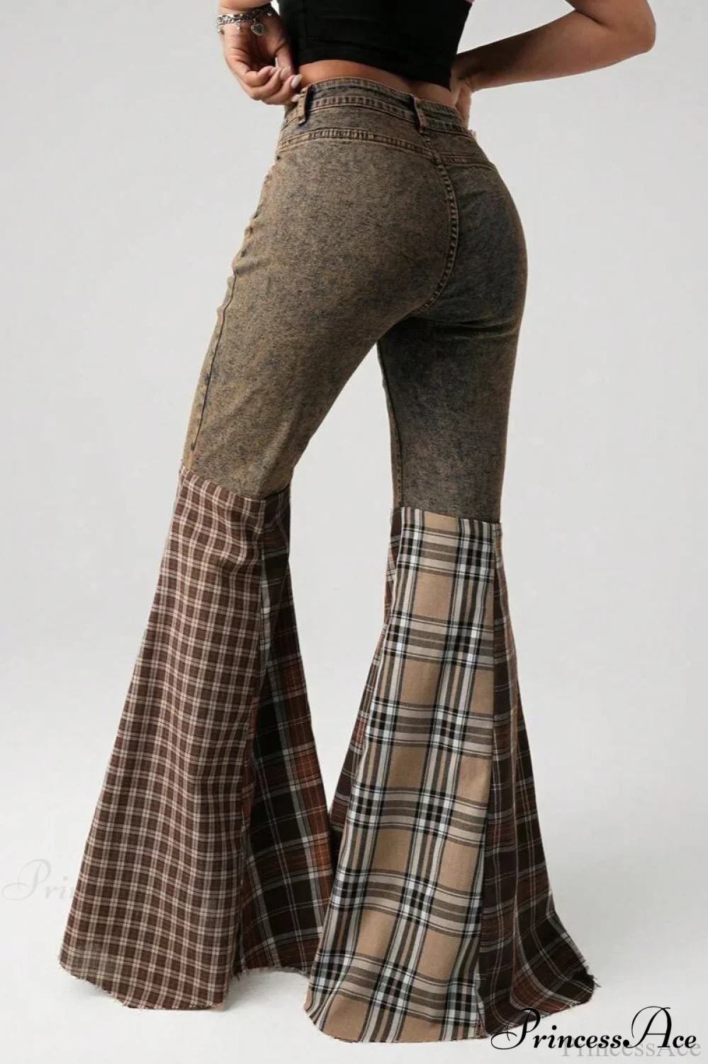 Plaid Patchwork Flared Denim High Waist Jeans - Image 3