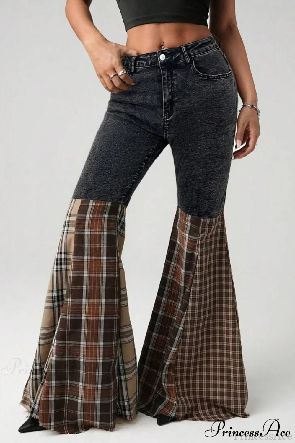 Plaid Patchwork Flared Denim High Waist Jeans - Image 4