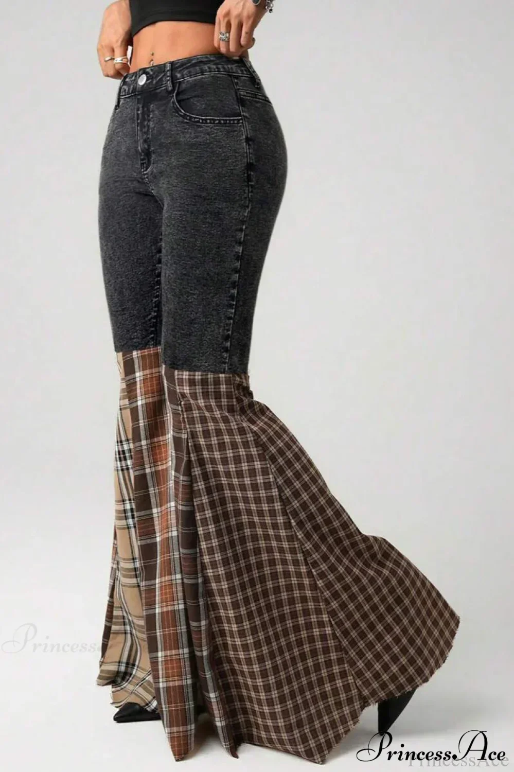 Plaid Patchwork Flared Denim High Waist Jeans - Image 5