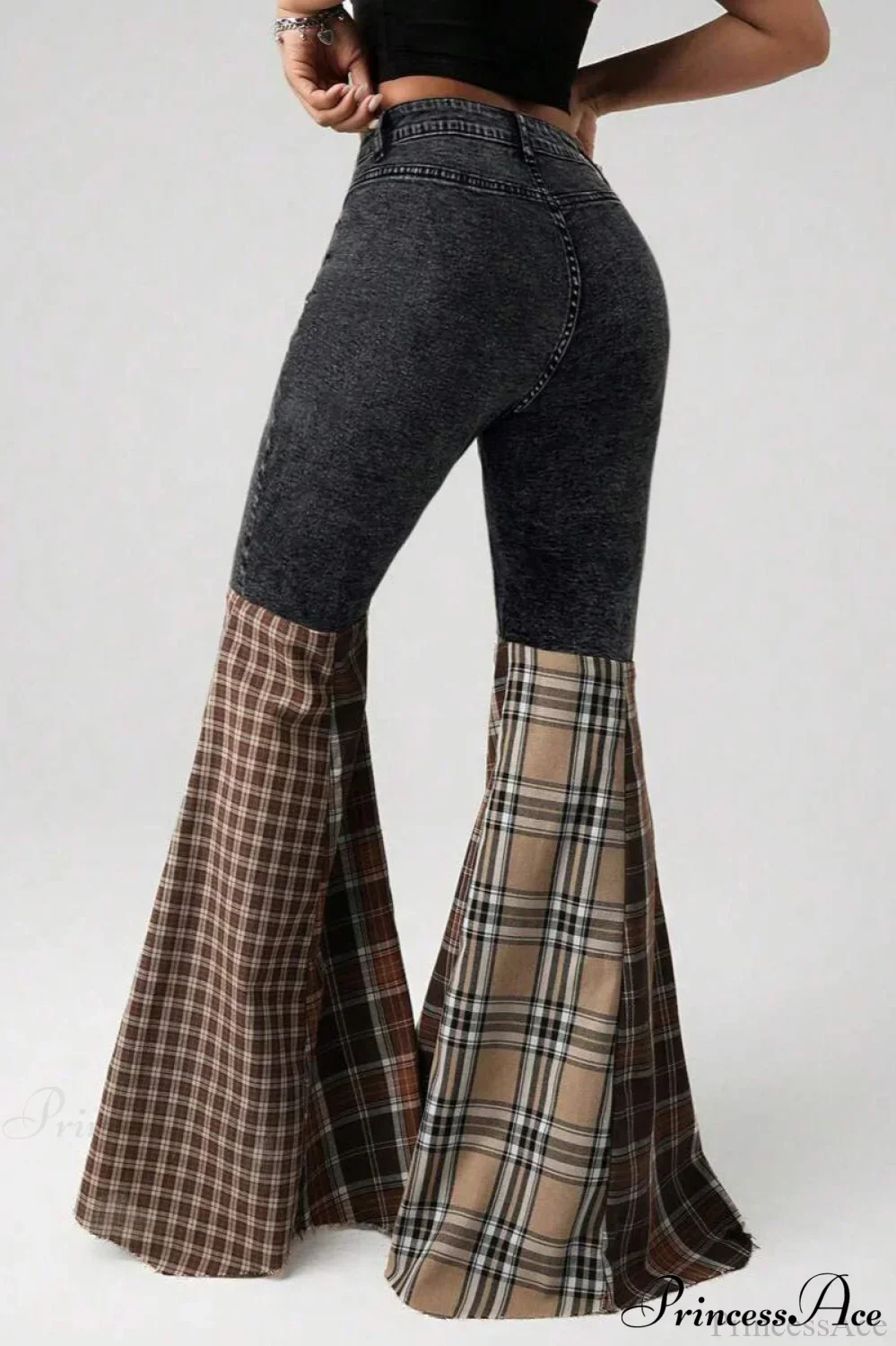Plaid Patchwork Flared Denim High Waist Jeans - Image 6