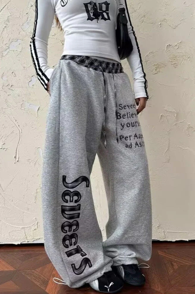 Plaid Patchwork Letter Graphic Baggy Sweat Pants - Image 5