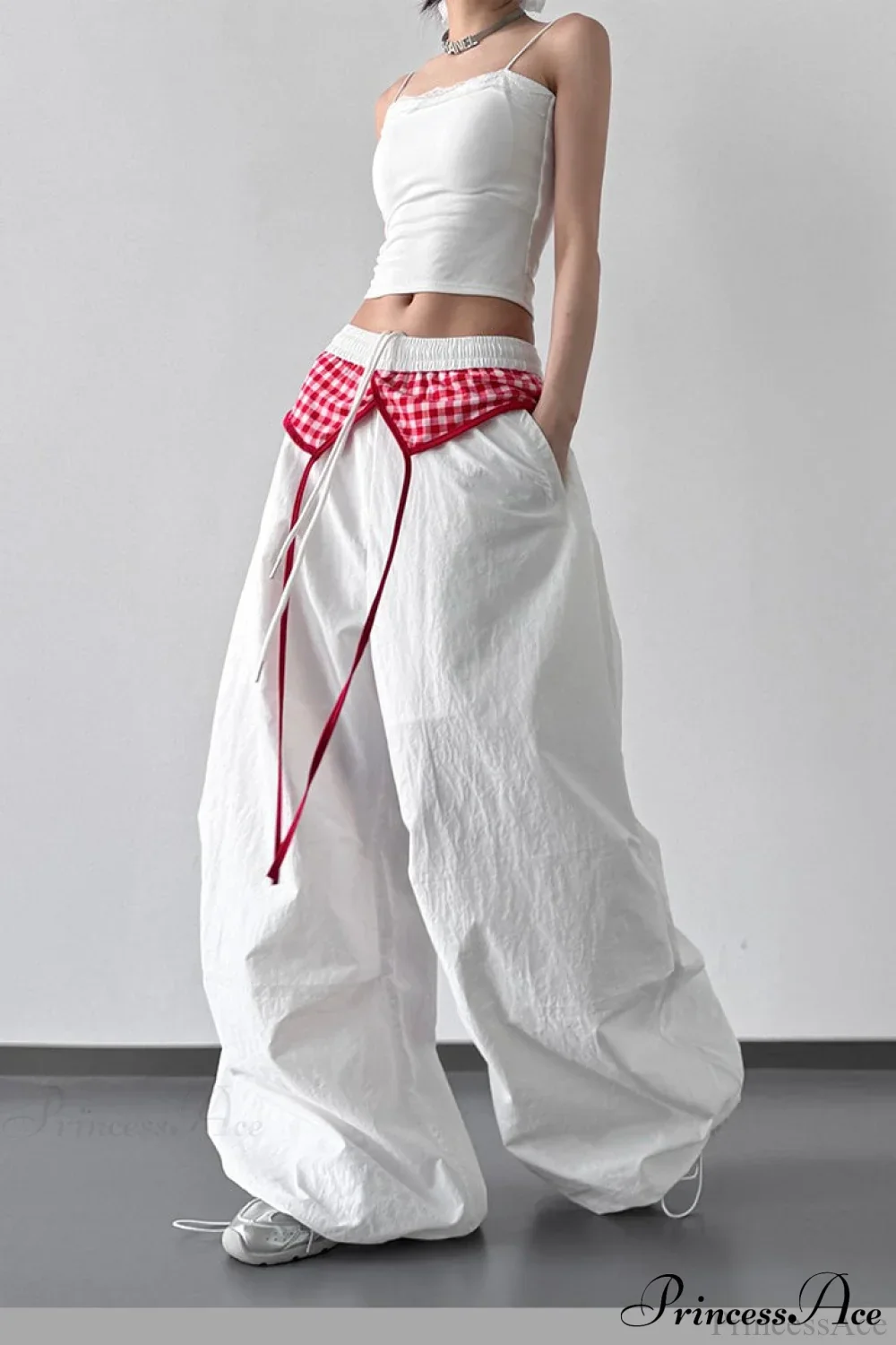 Plaid Pleated Layering Parachute Pants - Image 2