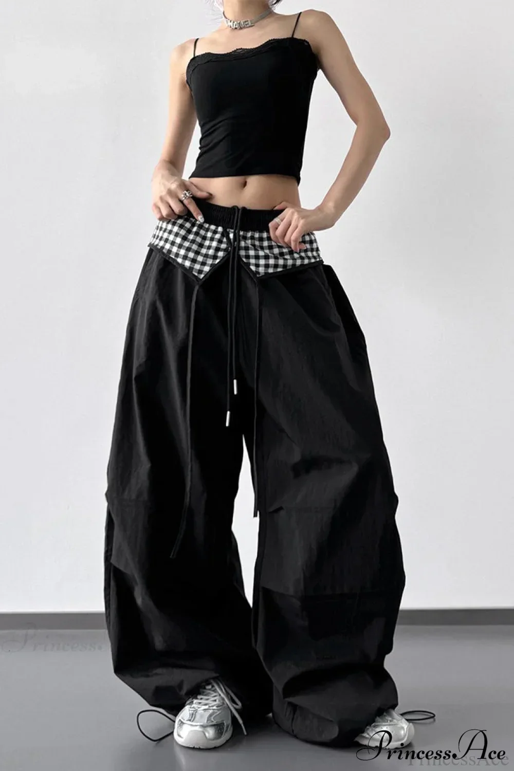 Plaid Pleated Layering Parachute Pants - Image 4