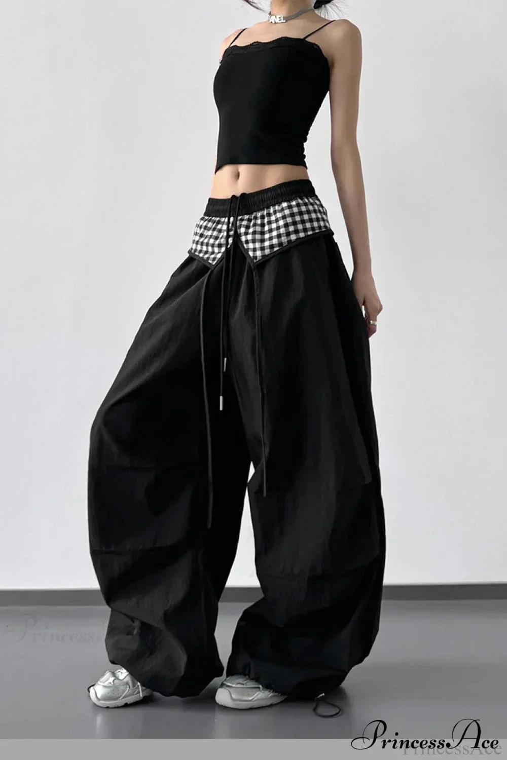 Plaid Pleated Layering Parachute Pants - Image 6