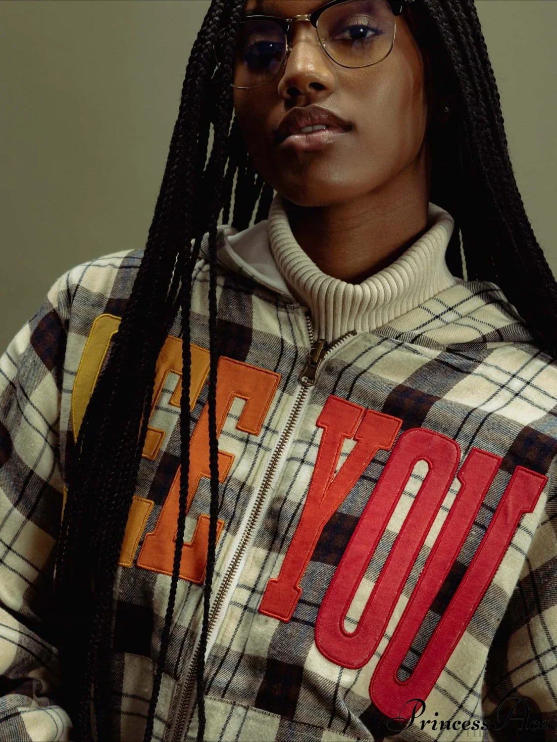 Plaid Rainbow Letter Print Loose Zipper Hoodie - Image 3
