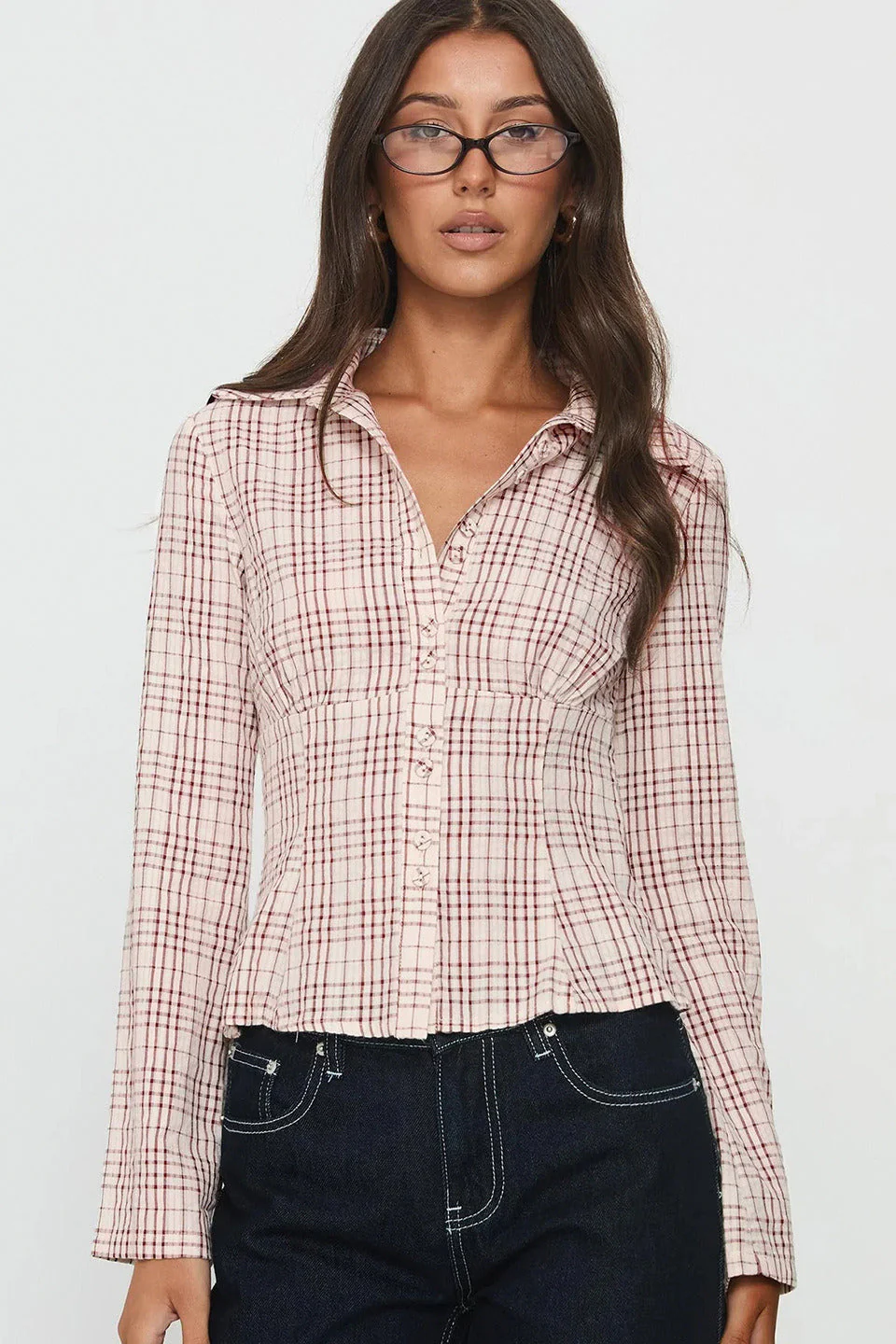 Plaid Regular Shoulder Fitted Waist Short Long Sleeve Blouse - Image 2