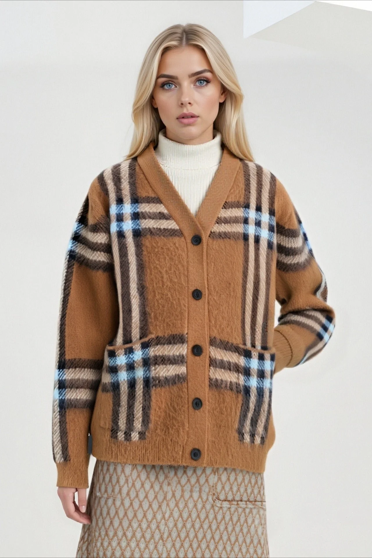 Plaid Retro Loose Plus Size V Neck Knit Cardigan - Image 2