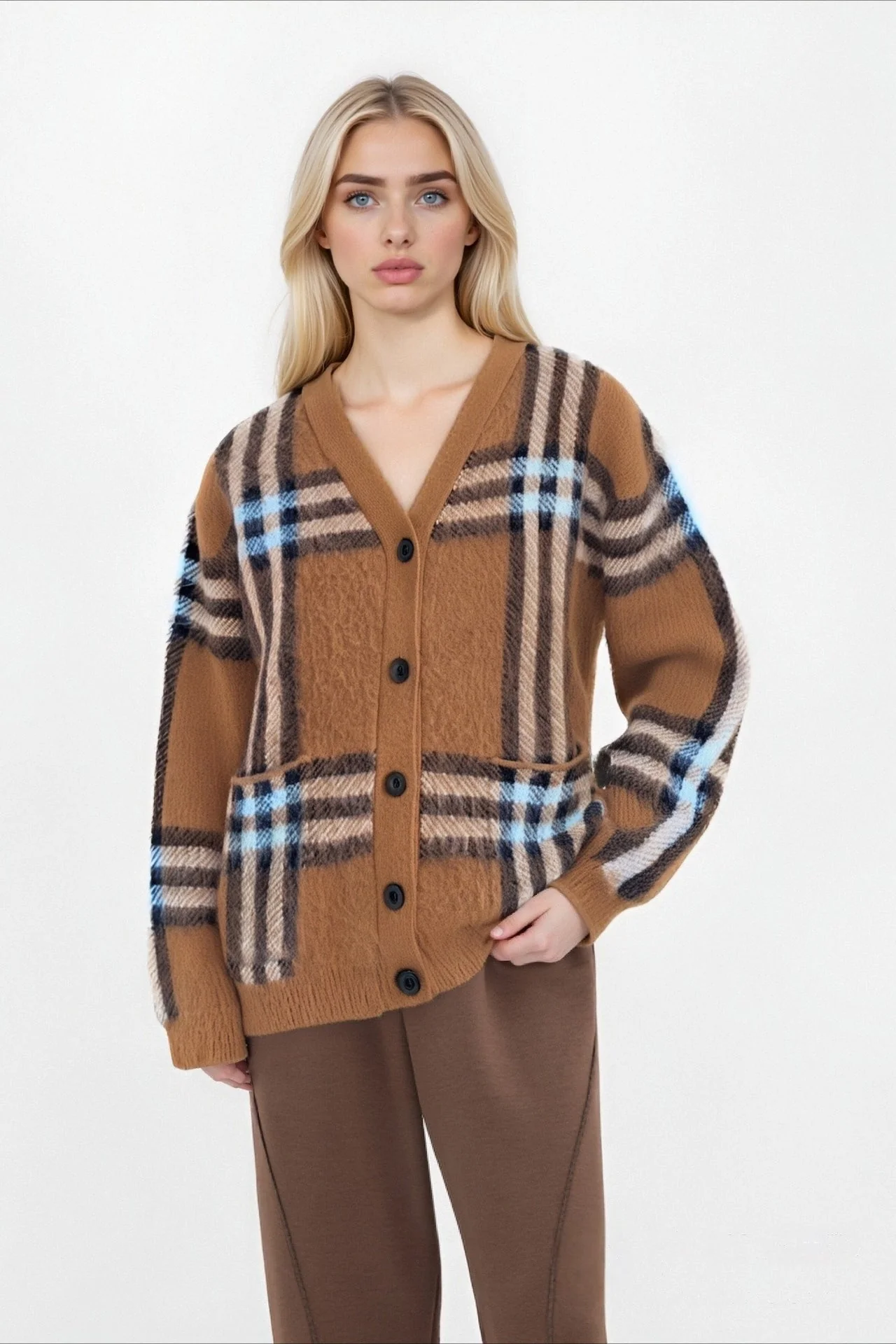 Plaid Retro Loose Plus Size V Neck Knit Cardigan - Image 3