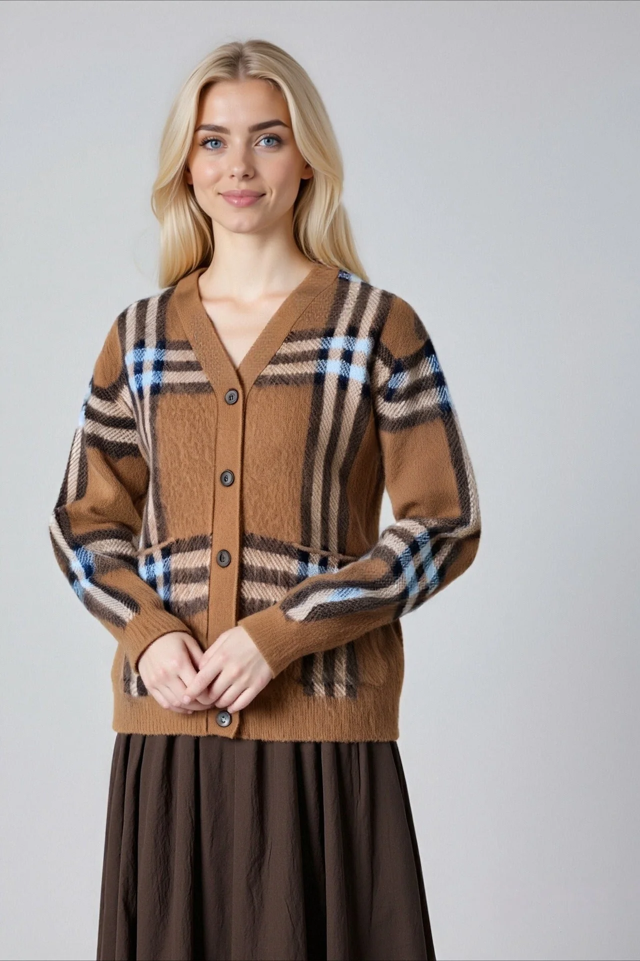 Plaid Retro Loose Plus Size V Neck Knit Cardigan - Image 4