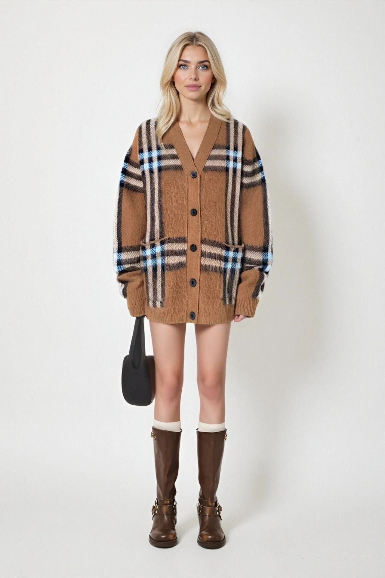 Plaid Retro Loose Plus Size V Neck Knit Cardigan - Image 5
