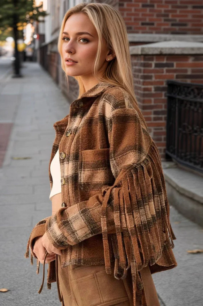 Plaid Side-Fringe Wool Short Coat - Image 2